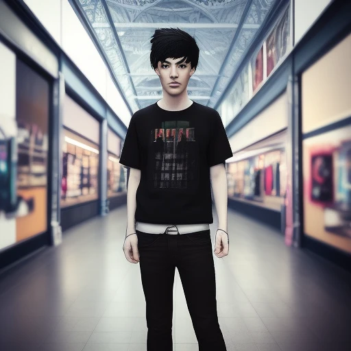 Realistic photographic portrait Akihito Kawamera half asian male wearing 90s punk clothing, standing in a goth store in a large mall , Octane Render, Volumetric Lighting, 64k concept art,Octane render, DLSS, Ray Tracing, Trending on Art Station, WLOP, 128k AGFA portrait, extremely detailed photorealistic photographic portrait Kodak rim lighting -  duskypie