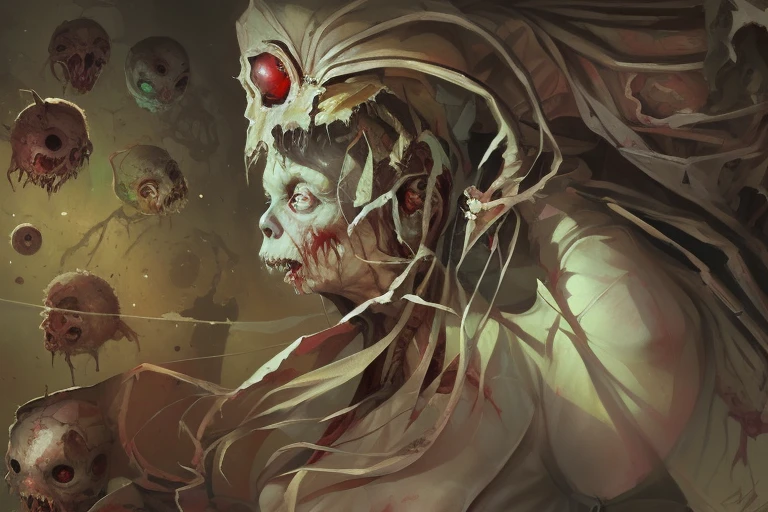 art horror by apterus. beautiful female zombie torn clothes with patterns, a creature with big head and small body, against the background of a round red glow. apterus creepy anatomy