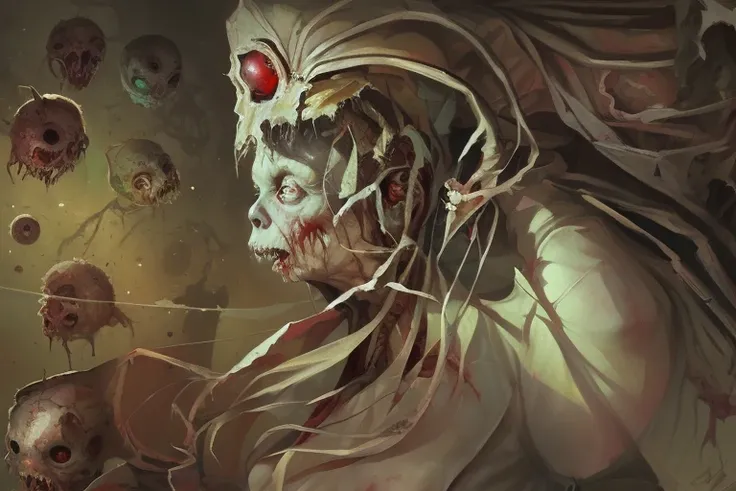 art horror by apterus. beautiful female zombie torn clothes with patterns, a creature with big head and small body, against the background of a round red glow. apterus creepy anatomy