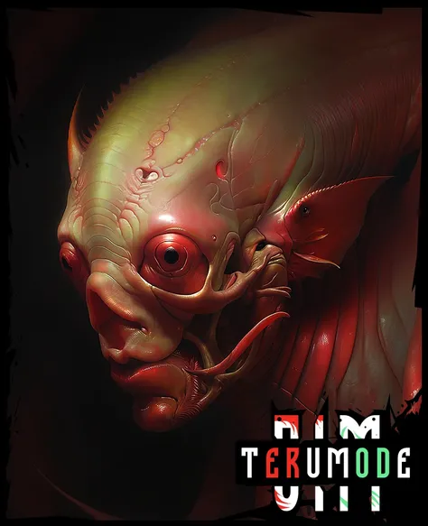 art by (apterus:1.2).
close up [ fish | zombie | fish open mouth | flesh ], red glow on the background.
(apterus creepy anatomy:1.1). (odd nerdrum:1.1).