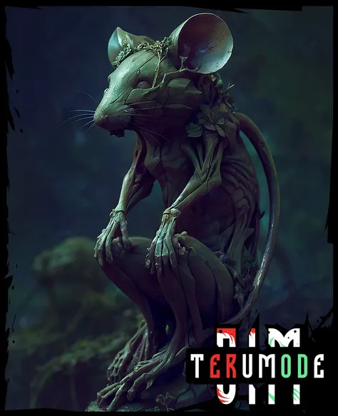 art by (apterus:1.3). An ancient mouse statue overgrown with vegetation and flowers. Amazing anatomy, solid material, cracks, granite. (apterus creepy anatomy:1.2)