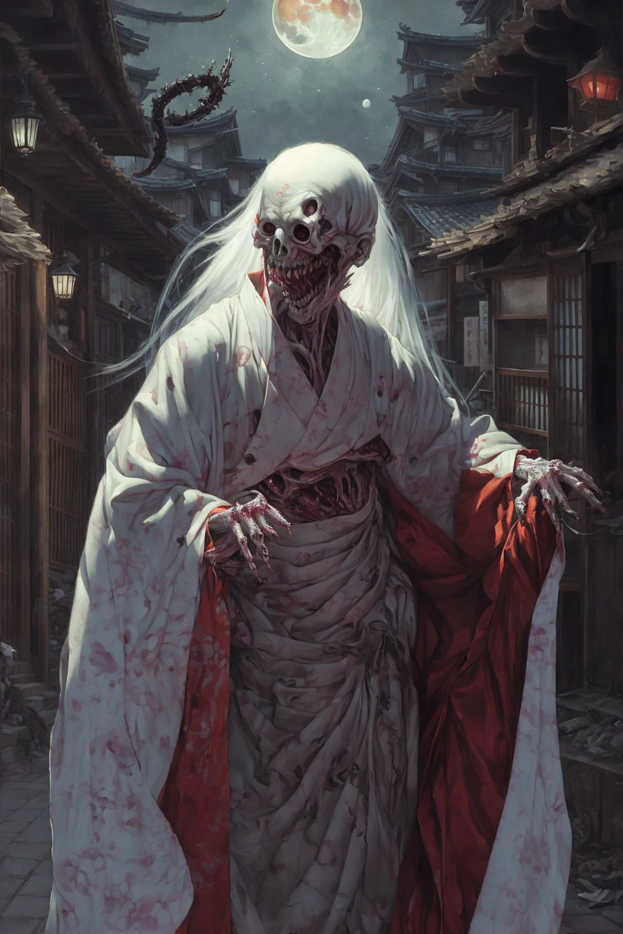 art horror by apterus, a vengeful japanese ghost, haunting a woman in torn kimono, in the streets of a traditional japanese village, night, moon lighting the scene, detailed background, apterus creepy anatomy