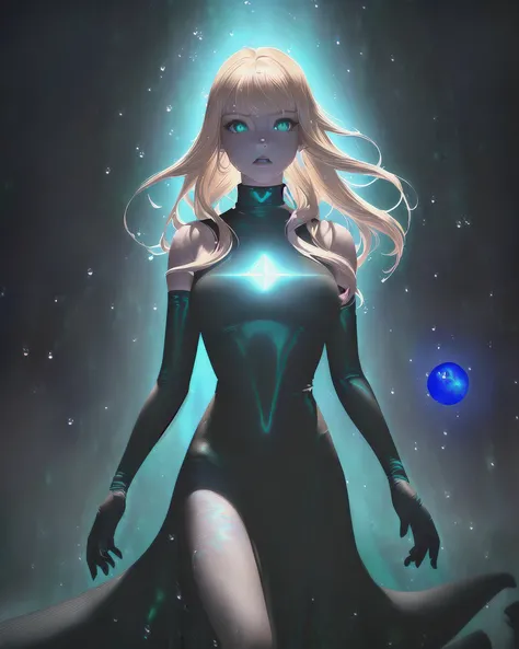 (Beautiful woman, symmetric portrait, Hands behind back, Water droplets floating in the air:1.2) (Green Shiny Eyes, Blonde, messy long hair, Black long skirt, white turtleneck, thick thighs, Narrow waist, Wide hips, grown up, Athletic, Feminine, Fully clothed, playful expression:1.2) photo, render, 8k, octane render, cinema 4d, blender, Futuristic star trek style, dark, atmospheric 4k ultra detailed, cinematic sensual, Sharp focus, humorous illustration, hyperrealistic, big depth of field, Masterpiece, colors, 3d octane render, 4k, concept art, trending on artstation, solo, full body shot (hyperrealistic, Hyperdetailed, Vivid colors, Wlop, stanley artgerm lau:1.5)