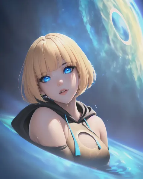 (Close portrait of Beautiful woman with a circle of water in the background:1.2) (Blue Shiny Eyes, Blonde, bob cut, Black closed hoodie, thick thighs, Wide hips, Adult, Fully clothed, playful expression:1.2) photo, render, 8k, octane render, cinema 4d, blender, Futuristic star trek style, dark, atmospheric 4k ultra detailed, cinematic sensual, Sharp focus, humorous illustration, hyperrealistic, big depth of field, colors, 3d octane render, 4k, concept art, trending on artstation, solo, full body shot (hyperrealistic, Hyperdetailed, Vivid colors, Wlop, stanley artgerm lau:1.5)