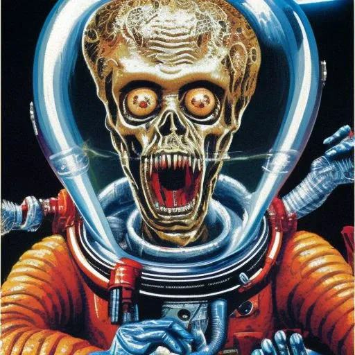 a portrait painting an alien in a clear space suit helmet in the style marsattacks, highly detailed