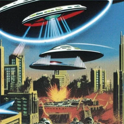 a flay saucer destroying a building with a raygun in the style marsattacks, highly detailed