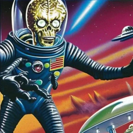 a portrait painting an alien in a space suit with a ray gun in the style marsattacks