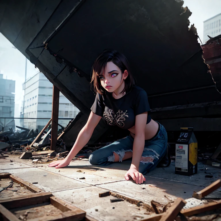 closeup, (hyper-realistic digital illustration), hires, best quality, (beauiful face:1.1), (symmetric highly detailed eyes, fantastic eyes, intricate eyes:1.3), Gloomy, abandoned building, day, close-up, climbing over debris, petite build, subject with messy hair, pale skin, medium breasts, green eyes, ripped jeans and t-shirt, determined expression, natural lighting.unreal 5 render
