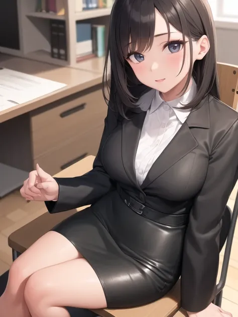 a girl reading, close-up portrait in black leather clothing sitting at her desk at desk studying papers on desk, black pencil skirt, high cheekbones face