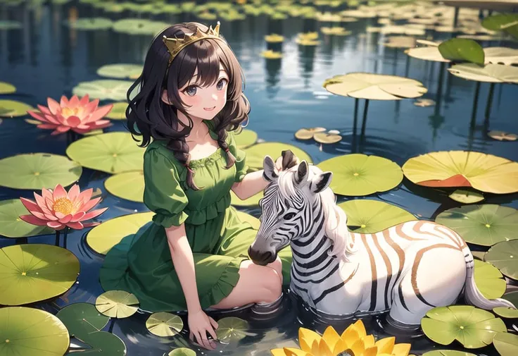 1girl, a girl with curly hair, wearing a green dress and gold crown, petting a zebra unicorn in the middle of a lagoon with plenty of waterlilies and lotus flowers, with a blackground of a sunseed flowers field