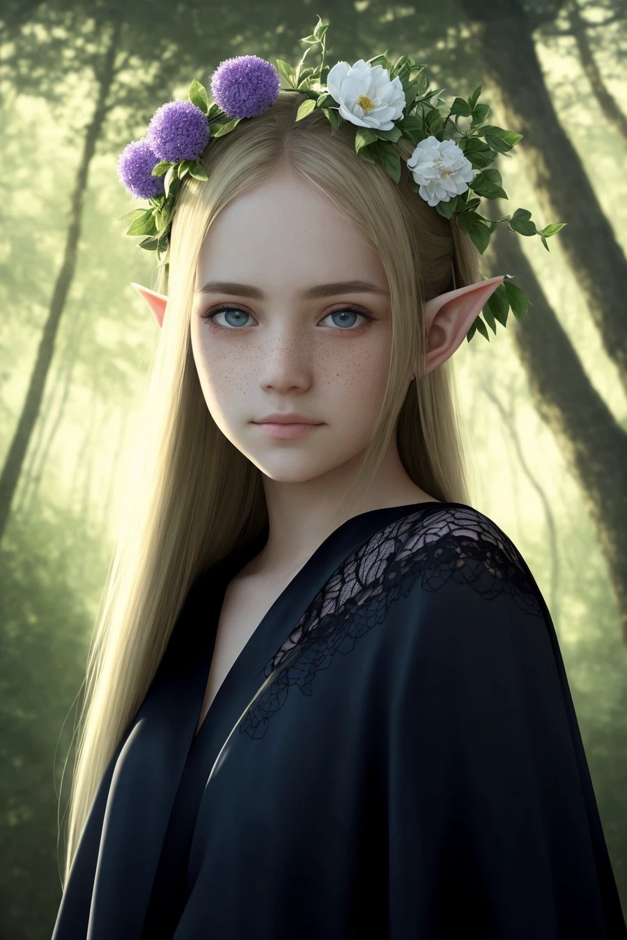masterpiece, best quality, (realistic:1.3), highest quality, bust shot, cinematic lighting, highly detailed, sharp focus, extremely detailed, ultra realistic, depth of field, bokeh, Global Illumination, volumetric lighting, subsurface scattering, caustics, bloom, [reflections], [shadows],
age elf girl wearing a shiny black silk lace kimono, at a (mystical fountain:1.05) in the woods, white clouds, rainbow, very long blonde hair, blue eyes, silk, (lace:1.1), tranparent, freckles, fantasy landscape, gentle smile