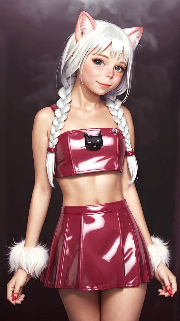 <lora:murata_range-lora:0.8> a happy cat girl, fog and mist, white hair, braided side bangs, erotic pose, super cute glossy shiny fluffy, red leather skirt and bustier, soft fur <lora:avogadoWithARifle_v10:0.4>, fantasy, magical