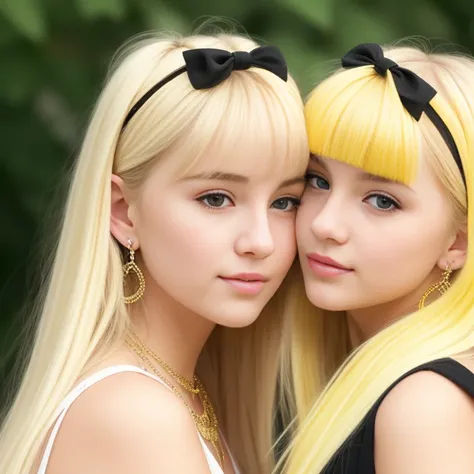2girls, blonde hair, jewelry, looking at viewer, yellow hair, long hair, blurry, cheek-to-cheek, heads together, simple background, earrings, mole, necklace, lips, hair ribbon, ribbon, bangs, black eyes, realistic, brown eyes, outdoors