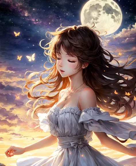 a portrait of a cute girl with a luminous dress, eyes shut, mouth closed, long hair, wind, sky, clouds, the moon, moonlight, stars, universe, fireflies, butterflies, lights, lens flares effects, swirly bokeh, brush effect, In style of Yoji Shinkawa, Jackson Pollock, wojtek fus, by Makoto Shinkai, concept art, celestial, amazing, astonishing, wonderful, beautiful, highly detailed, centered