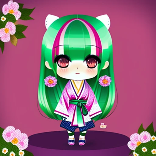 (chibiSJstyle:1.1) cute (japanese woman) with ((long green hair)), (wearing pink kimono), surrounded by flowers