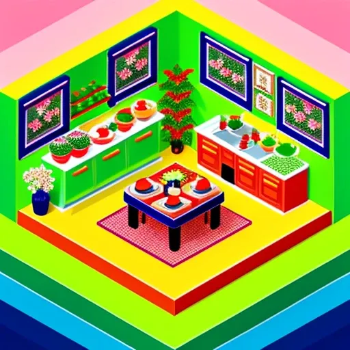 (chibiSJstyle:1.1) Isometric view of a miniature dining room full of flowers and plants