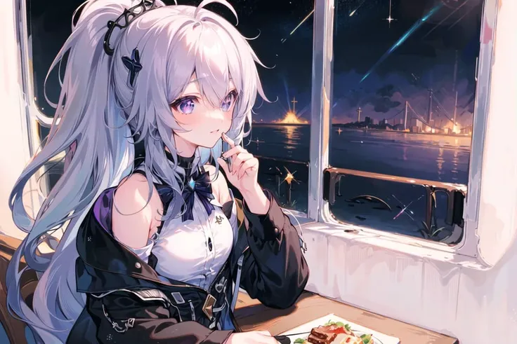 (((masterpiece))),(((best quality))),(((extremely detailed))),illustration,
1girl,solo,mysterious,vivid color,shiny,
The space train glides effortlessly through the vast expanse of space, its shining exterior reflecting the brilliance of distant stars. Inside, a young girl sits alone at a table, savoring her lunch as she watches the endless panorama of stars and galaxies race past her window,
Kiana,
blue eyes, hair ornament, sleeveless, purple eyes,ahoge,
bare shoulders, closed mouth,
jacket,long sleeves, skirt,black jacket,white shirt, shirt, white skirt, drill hair, hood, polo shirt, collared shirt,
<lora:Kiana:0.7>