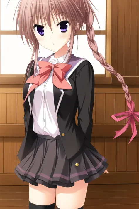 masterpiece, best quality,1girl,solo,<lora:kozakaiaya:0.7>,kozakai aya,pink hair,purple eyes,hair ornament,school uniform, black thighhighs, classroom,