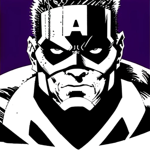 Full-face Portrait of Captain America, purple and black color scheme, sinCity_iamYork