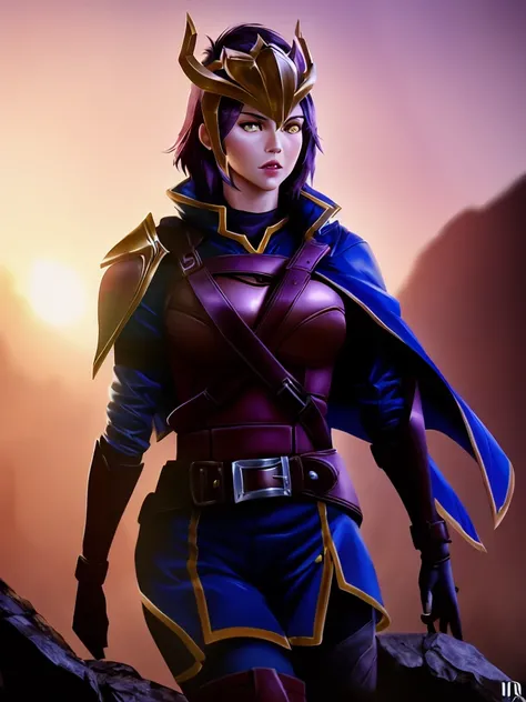 ((quinn \(league of legends\))), looking at viewer, league of legends, 1girl, solo, cape, cowboy shot, (purple hair), short hair, gloves, blue cape, helmet, (yellow eyes), leather breastplate, breasts, modelshoot style, (extremely detailed CG unity 8k wallpaper), full shot body photo of the best artwork in the world, professional majestic oil painting by Ed Blinkey, Atey Ghailan, Studio Ghibli, by Jeremy Mann, Greg Manchess, Antonio Moro, trending on ArtStation, trending on CGSociety, Intricate, High Detail, Sharp focus, dramatic, photorealistic painting art by midjourney and greg rutkowski