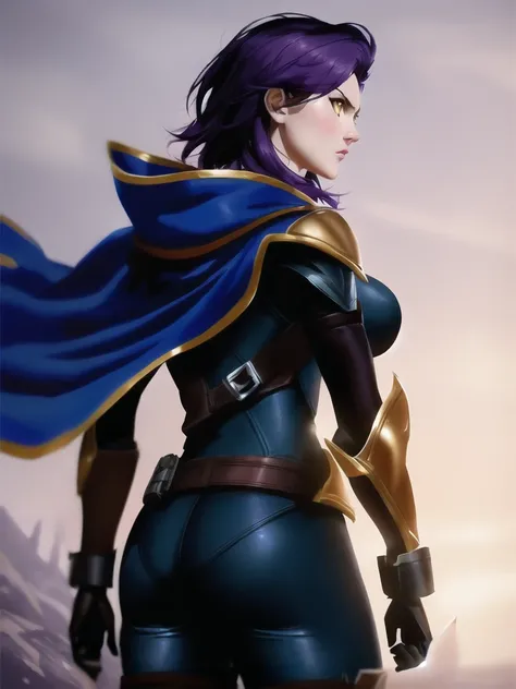 ((quinn \(league of legends\))), from behind, league of legends, 1girl, armor, solo, cape, cowboy shot, armor, (purple hair), short hair, gloves, blue cape, helmet, (yellow eyes), breastplate, bodysuit, breasts, modelshoot style, (extremely detailed CG unity 8k wallpaper), full shot body photo of the best artwork in the world, professional majestic oil painting by Ed Blinkey, Atey Ghailan, Studio Ghibli, by Jeremy Mann, Greg Manchess, Antonio Moro, trending on ArtStation, trending on CGSociety, Intricate, High Detail, Sharp focus, dramatic, photorealistic painting art by midjourney and greg rutkowski
