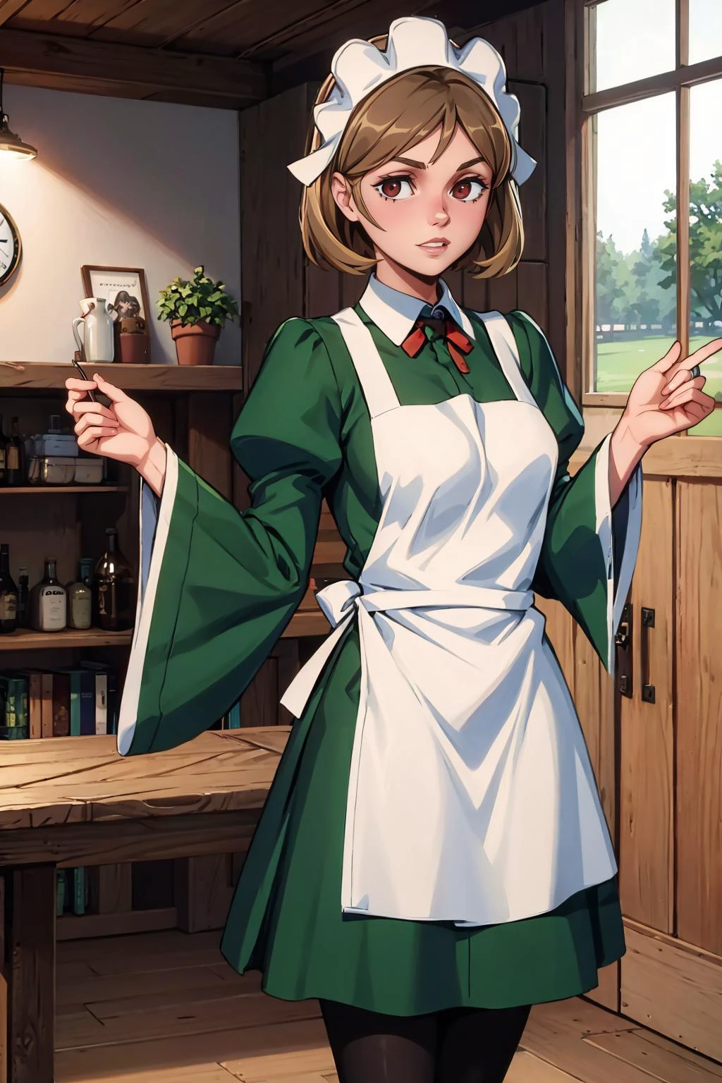 masterpiece, best quality, 8K RAW photo, film grain, lifestyle, <lora:lunoire-nvwls-v1:.9> lunoire faust, maid headdress, green dress, long sleeves, white apron, pantyhose,