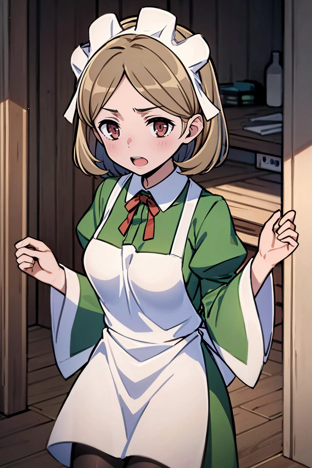 masterpiece, best quality, 8K RAW photo, film grain, erotic, <lora:lunoire-nvwls-v1:.9> lunoire faust, maid headdress, green dress, long sleeves, white apron, pantyhose,