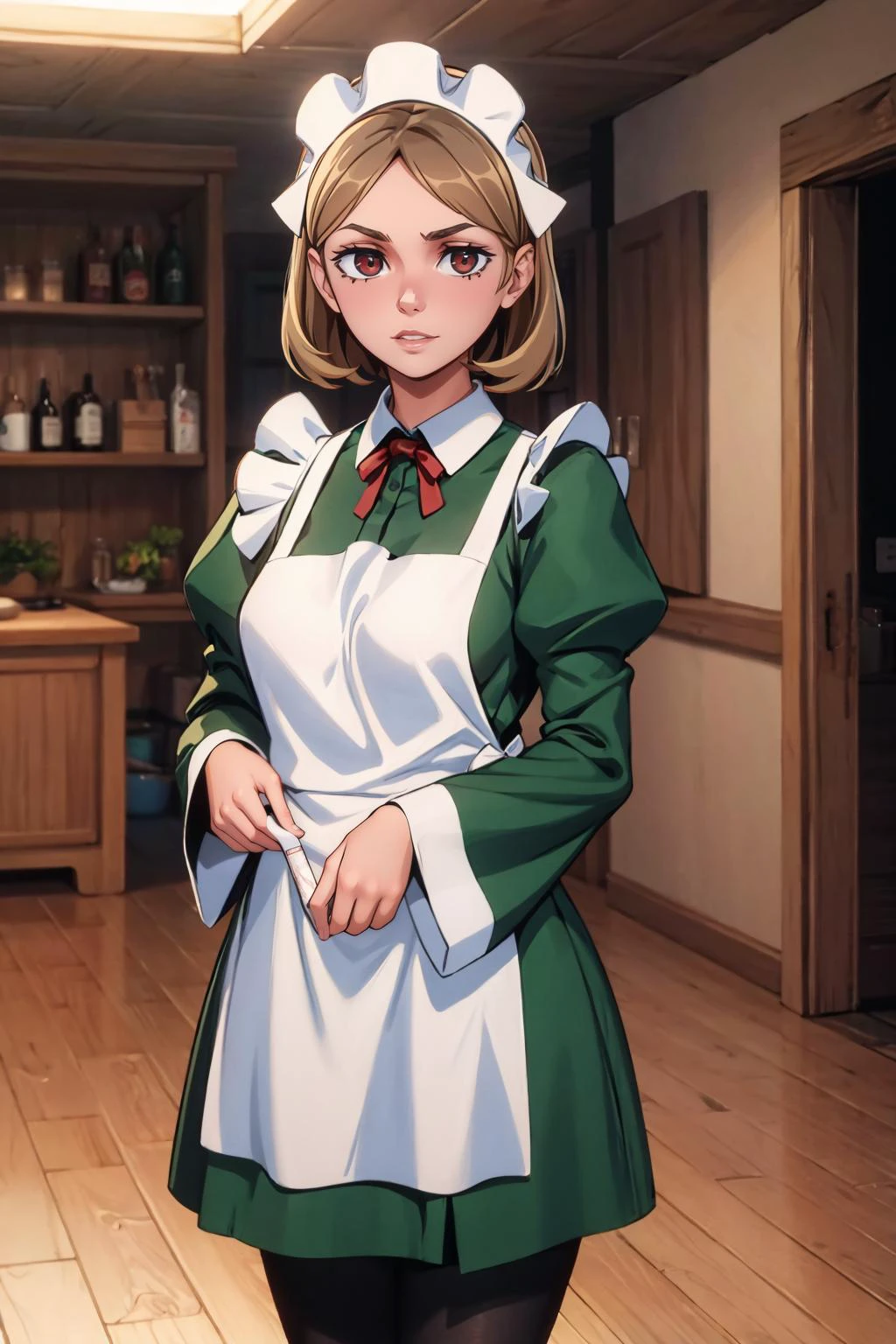 masterpiece, best quality, 8K RAW photo, film grain, modelshoot, <lora:lunoire-nvwls-v1:.9> lunoire faust, maid headdress, green dress, long sleeves, white apron, pantyhose,