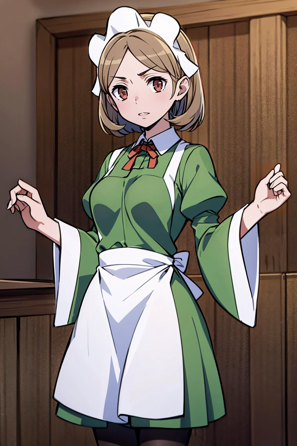 masterpiece, best quality, 8K RAW photo, film grain, pinup, <lora:lunoire-nvwls-v1:.9> lunoire faust, maid headdress, green dress, long sleeves, white apron, pantyhose,