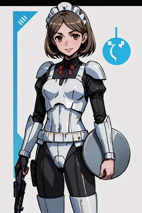(masterpiece, best quality:1.2), solo, 1girl, lunoire faust, smile, looking at viewer, holding tray, maid headdress, StromTrooper, armor <lora:lunoire-nvwls-v1:0.8> <lora:CONCEPT-StormTrooper:1>