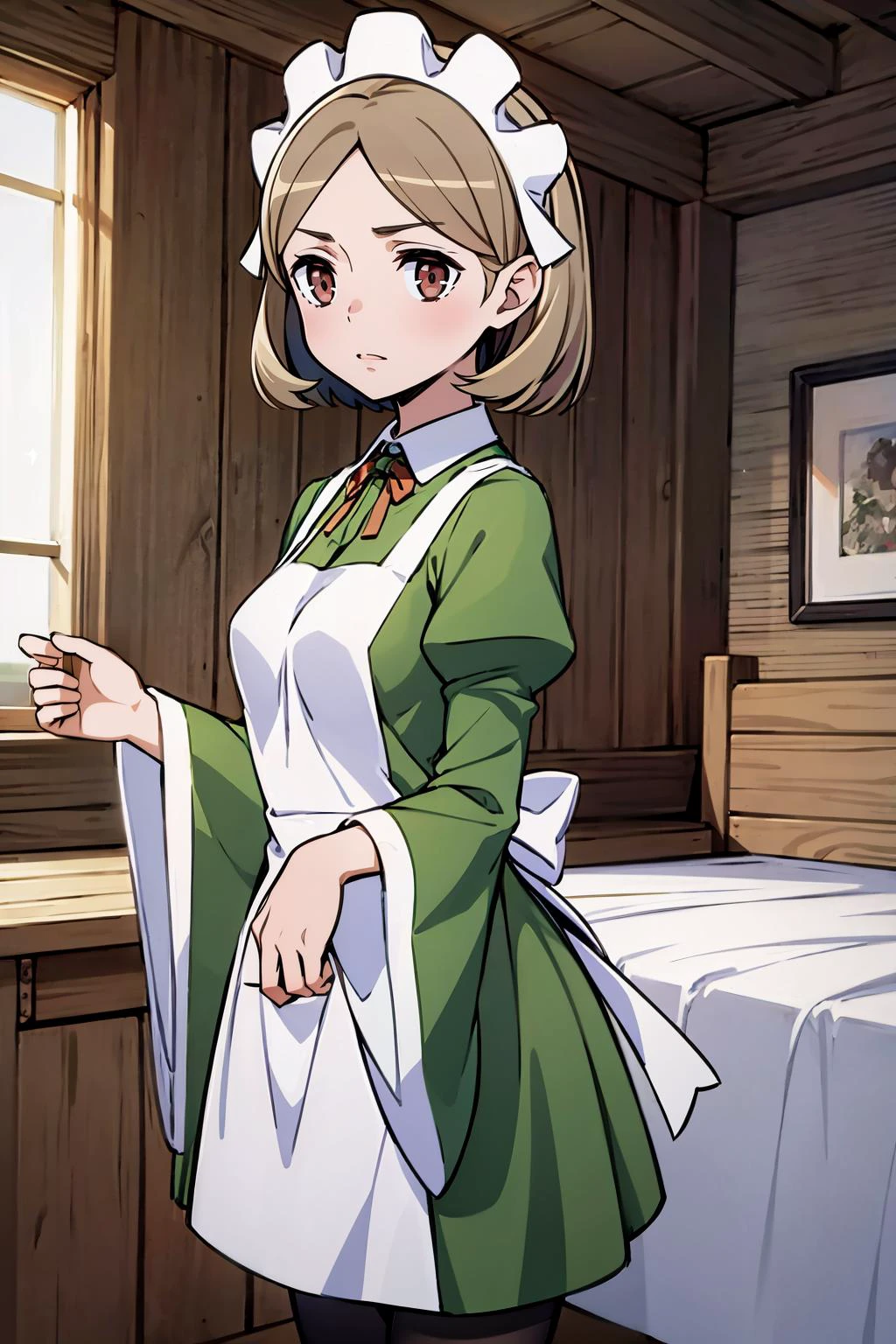 masterpiece, best quality, 8K RAW photo, film grain, boudoir, <lora:lunoire-nvwls-v1:.9> lunoire faust, maid headdress, green dress, long sleeves, white apron, pantyhose,