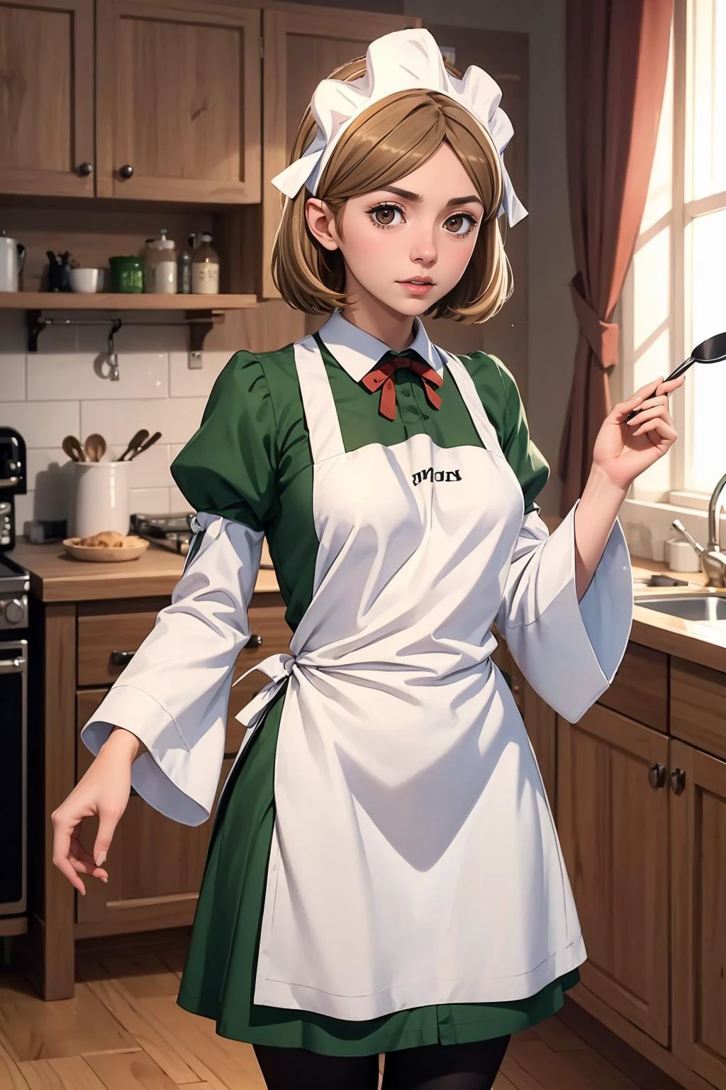 masterpiece, best quality, 8K RAW photo, film grain, promotional, <lora:lunoire-nvwls-v1:.9> lunoire faust, maid headdress, green dress, long sleeves, white apron, pantyhose,