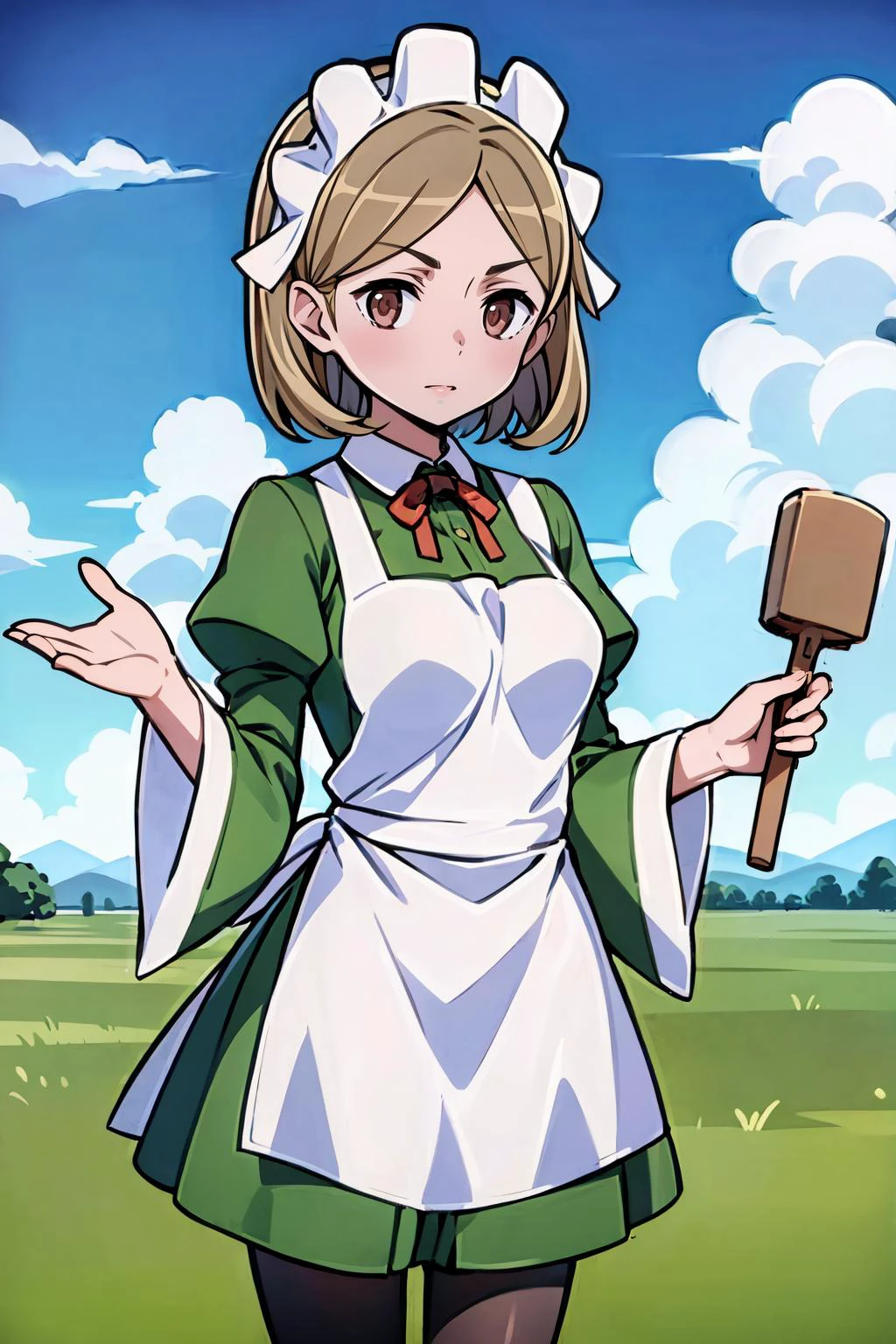 masterpiece, best quality, 8K RAW photo, film grain, waist-up, <lora:lunoire-nvwls-v1:.9> lunoire faust, maid headdress, green dress, long sleeves, white apron, pantyhose,