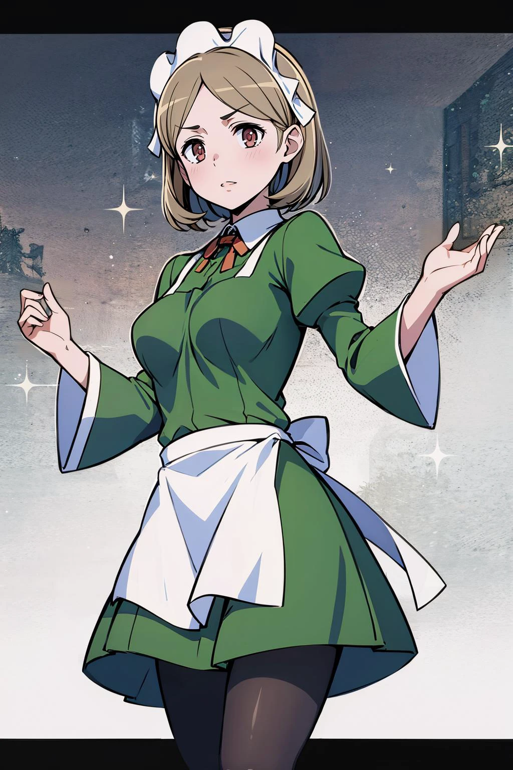 masterpiece, best quality, 8K RAW photo, film grain, fitness, <lora:lunoire-nvwls-v1:.9> lunoire faust, maid headdress, green dress, long sleeves, white apron, pantyhose,