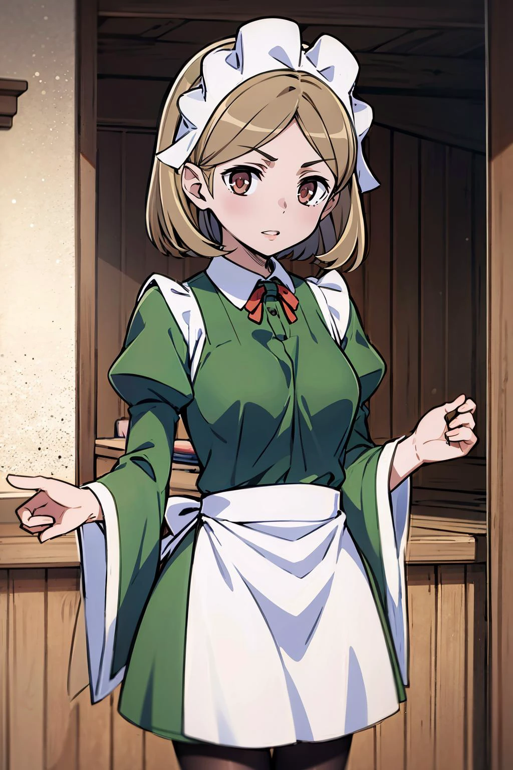 masterpiece, best quality, 8K RAW photo, film grain, editorial, <lora:lunoire-nvwls-v1:.9> lunoire faust, maid headdress, green dress, long sleeves, white apron, pantyhose,