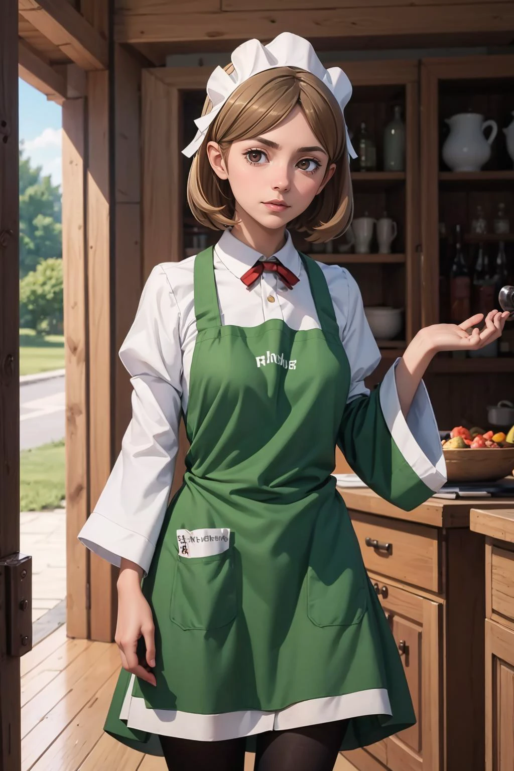 masterpiece, best quality, 8K RAW photo, film grain, promotional, <lora:lunoire-nvwls-v1:.9> lunoire faust, maid headdress, green dress, long sleeves, white apron, pantyhose,