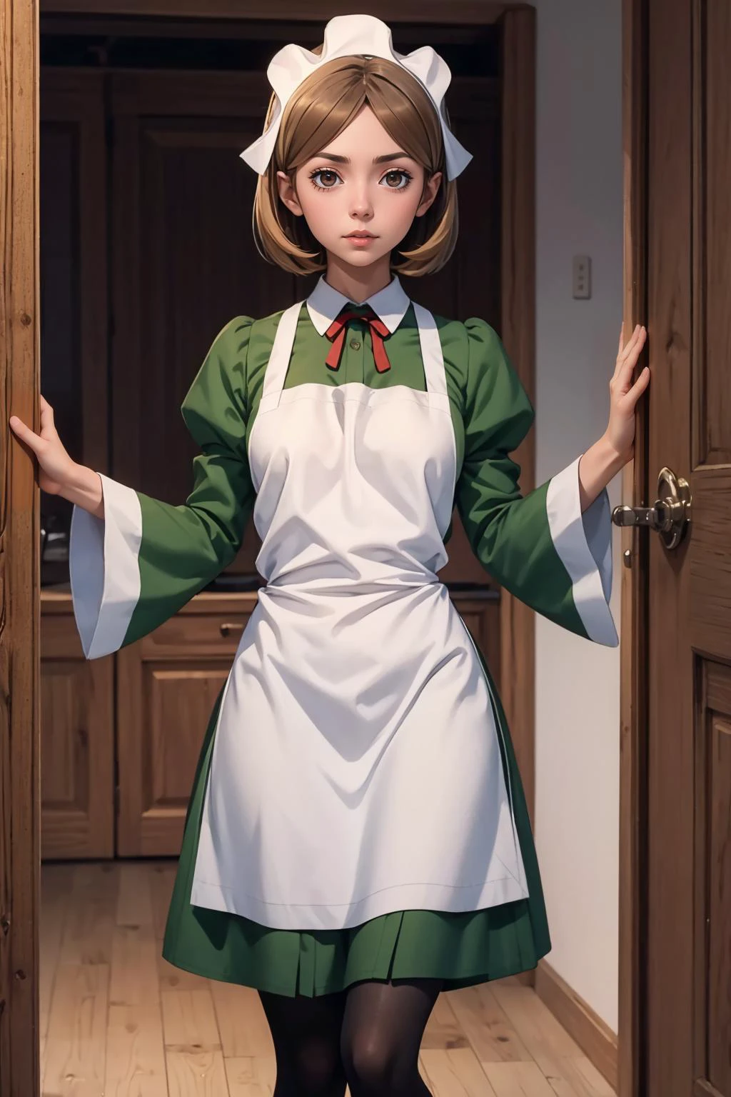 masterpiece, best quality, 8K RAW photo, film grain, action, <lora:lunoire-nvwls-v1:.9> lunoire faust, maid headdress, green dress, long sleeves, white apron, pantyhose,