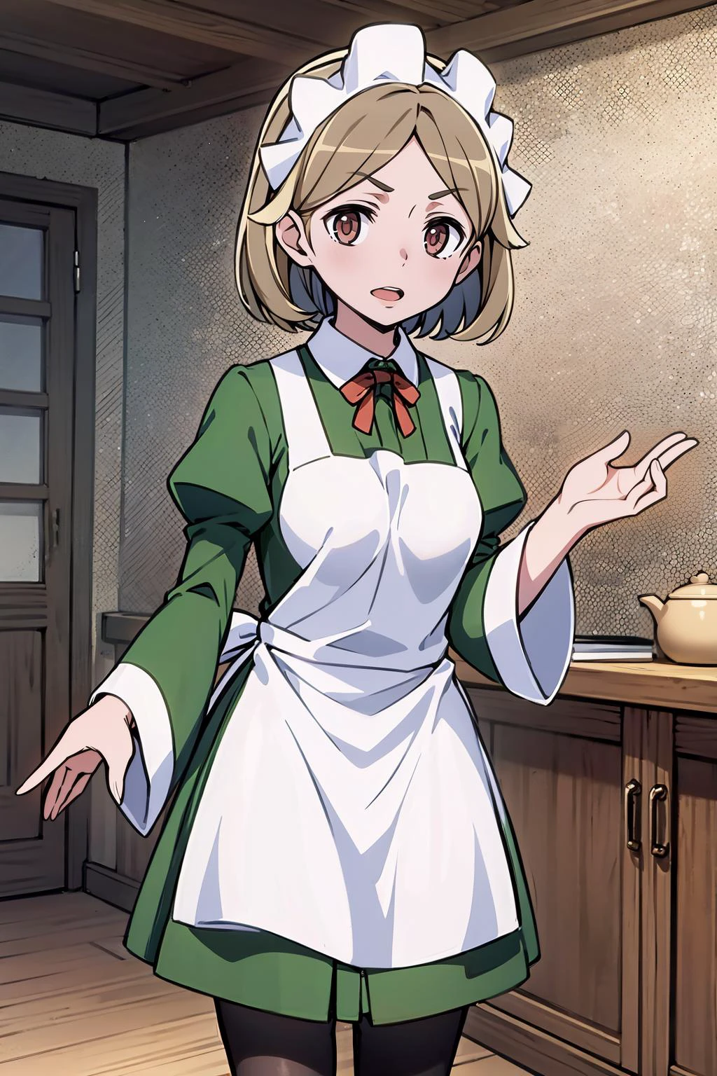 masterpiece, best quality, 8K RAW photo, film grain, action, <lora:lunoire-nvwls-v1:.9> lunoire faust, maid headdress, green dress, long sleeves, white apron, pantyhose,