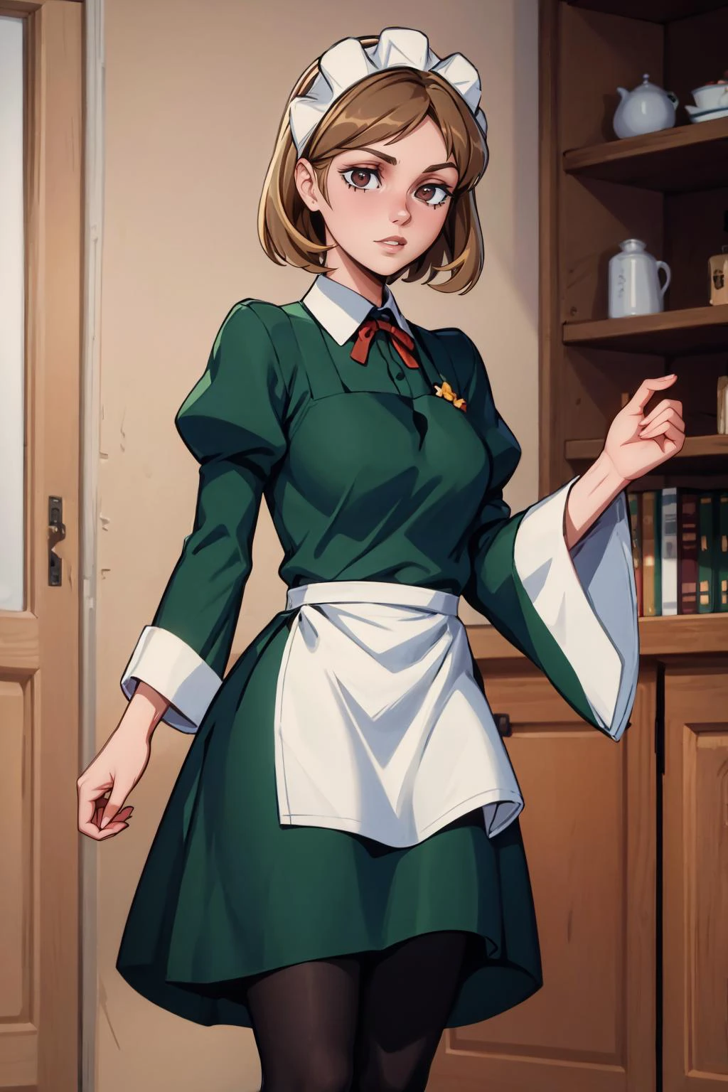 masterpiece, best quality, 8K RAW photo, film grain, performance, <lora:lunoire-nvwls-v1:.9> lunoire faust, maid headdress, green dress, long sleeves, white apron, pantyhose,