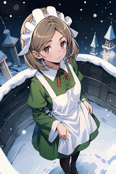 masterpiece, best quality, <lora:lunoire-nvwls-v1-000009:1> lunoire faust, maid headdress, green dress, long sleeves, white apron, pantyhose, (from above:1.4), smile, night, village, winter, snow