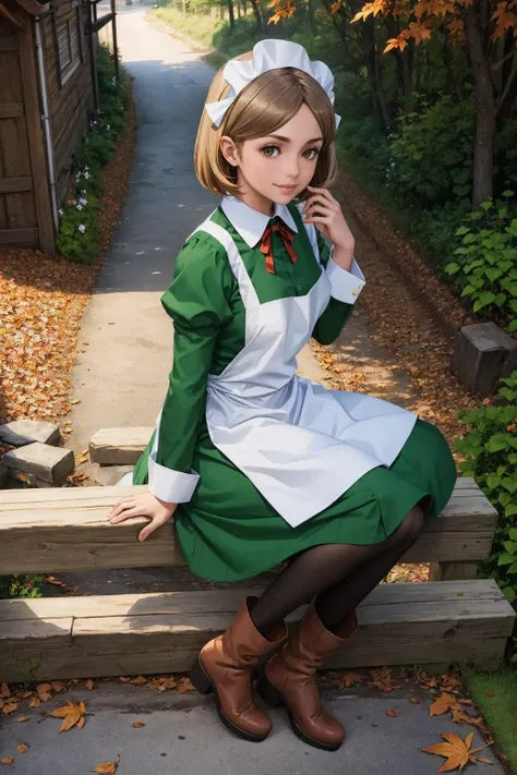 masterpiece, best quality, <lora:lunoire-nvwls-v1-000009:0.8> lunoire faust, maid headdress, green dress, long sleeves, white apron, pantyhose, sitting, boots, from above, stairs, village, autumn, rustic village, smile, from side