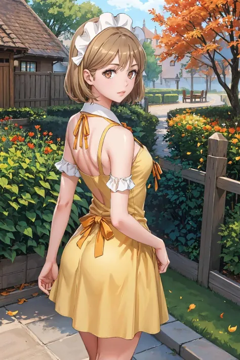 masterpiece, best quality, <lora:lunoire-nvwls-v1-000009:0.8> lunoire faust, maid headdress, yellow sundress, yellow dress, from behind, looking at viewer, village, autumn, flowers, garden