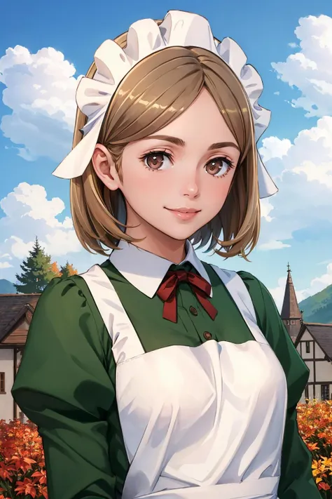 masterpiece, best quality, <lora:lunoire-nvwls-v1-000009:0.8> lunoire faust, maid headdress, green dress, long sleeves, white apron, looking at viewer, upper body, smile, sky, clouds, autumn, village