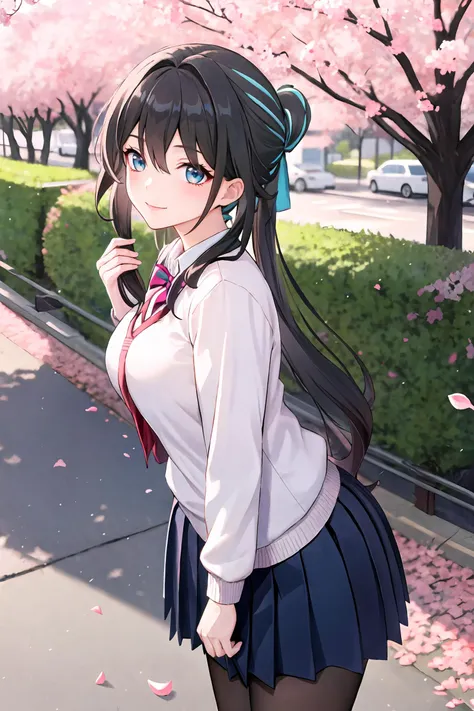 1girl, ruan mei \(honkai: star rail\), solo, school uniform, white shirt, sweater, pleated skirt, pantyhose, light smile, looking at viewer, outdoors, street, cherry blossoms, petals, depth of field, masterpiece