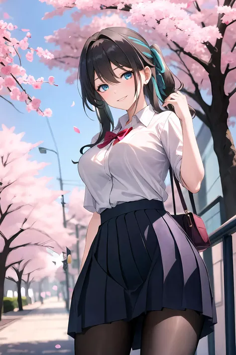 1girl, ruan mei \(honkai: star rail\), solo, school uniform, white shirt, sweater, pleated skirt, pantyhose, light smile, looking at viewer, outdoors, street, cherry blossoms, petals, depth of field, masterpiece