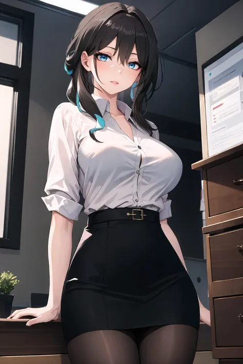 1girl, ruan mei \(honkai: star rail\), office lady, collared shirt, pencil skirt, pantyhose, looking at viewer, parted lips, cowboy shot, office, indoors, depth of field, masterpiece