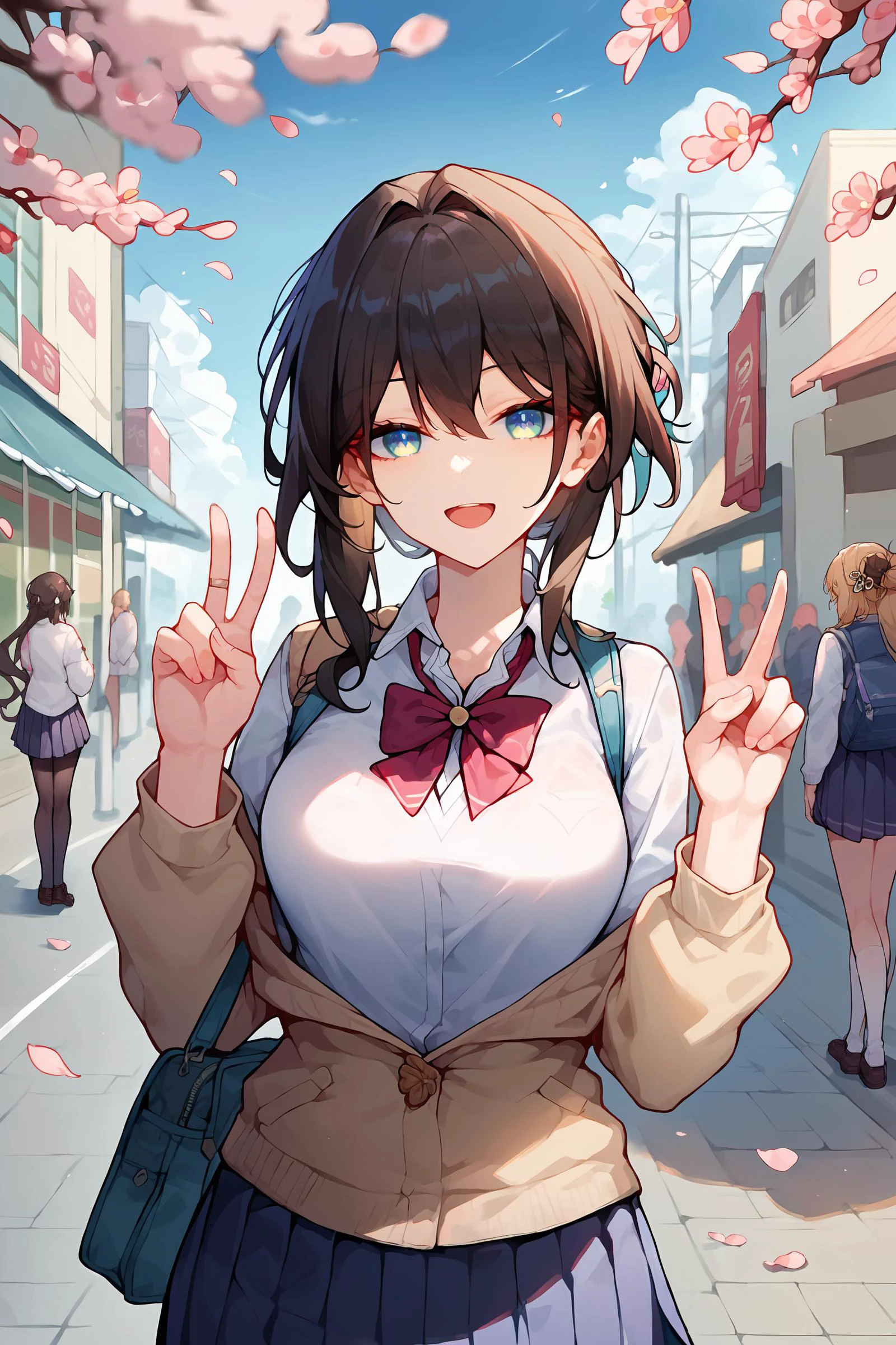 1girl, ruan mei \(honkai: star rail\), solo, school uniform, white shirt, sweater, pleated skirt, pantyhose, light smile, double v, looking at viewer, smile, open mouth, outdoors, street, cherry blossoms, petals, depth of field <lora:Expressive_H:0.9>, <lora:Char-HonkaiSR-Ruanmei-Pony-V1:0.9>, score_9, score_8_up, score_7_up