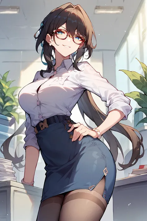 1girl, ruan mei \(honkai: star rail\), solo, office lady, white collared shirt, pencil skirt, pantyhose, glasses, smirk, looking at viewer, hand on hip, office, indoors, depth of field <lora:Expressive_H:0.9>, <lora:Char-HonkaiSR-Ruanmei-Pony-V1:0.9>, score_9, score_8_up, score_7_up