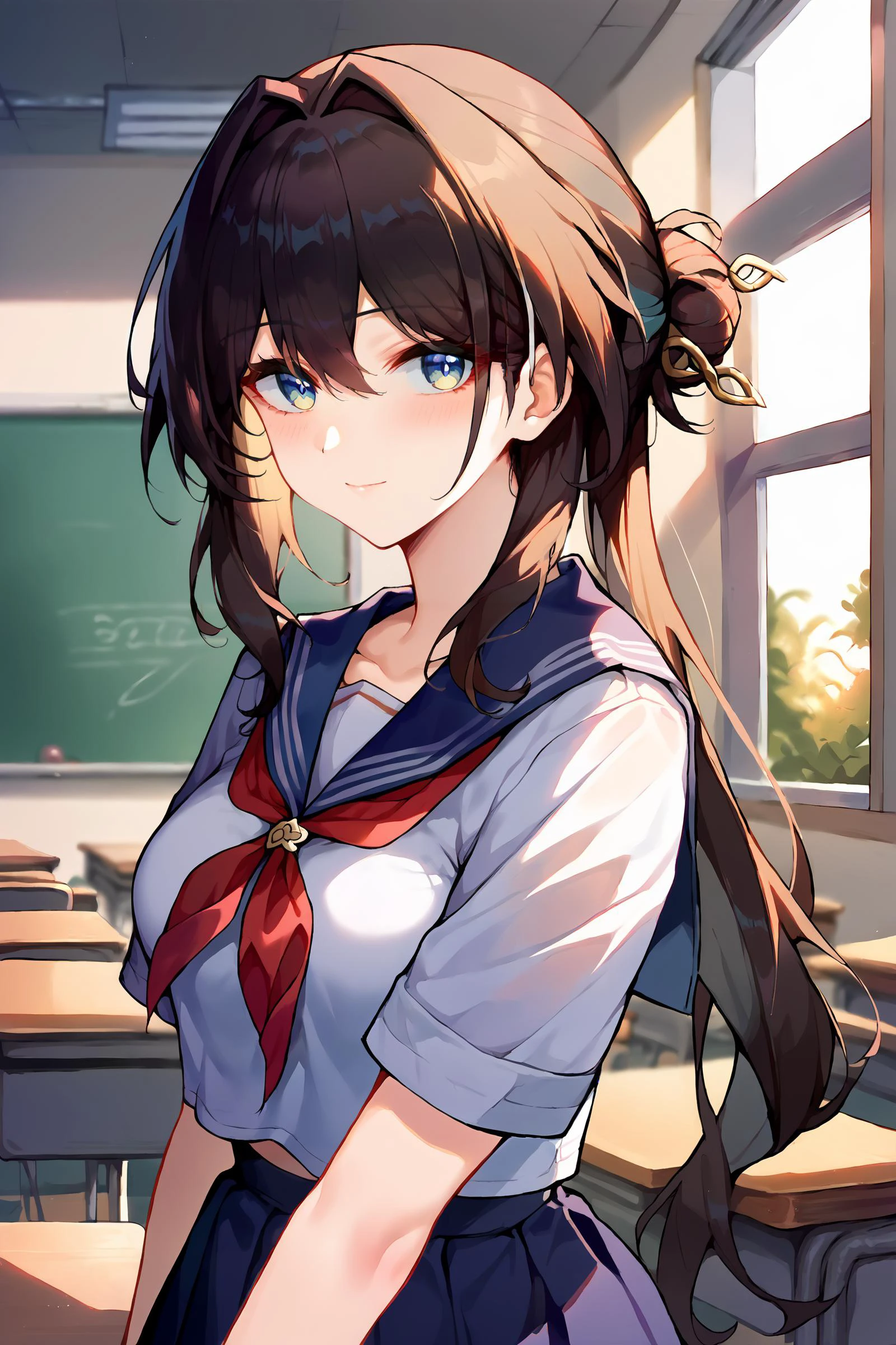 1girl, ruan mei \(honkai: star rail\), school uniform, serafuku, cowboy shot, backlighting, sunbeam, sunset, classroom, indoors, window, light smile, blush, looking at viewer, depth of field <lora:Expressive_H:0.3>, <lora:urushihara-lora04_PonyXL:0.7>, <lora:Char-HonkaiSR-Ruanmei-Pony-V1:0.9>, score_9, score_8_up, score_7_up