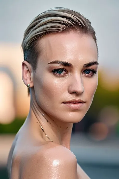 full color photography of skswoman, undercut hair, oiled shiny skin,
masterpiece, best quality, sharp focus, 8k highres, ultra-detailed, rim light, (grey background:1.0), 
 <lora:Yvonne StrahovskiV3:1>
